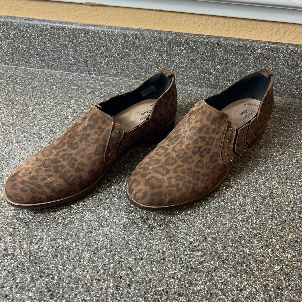 Clarks Collection Womens 11 M Leopard Suede Comfort Casual Slip On Low Heel Shoe